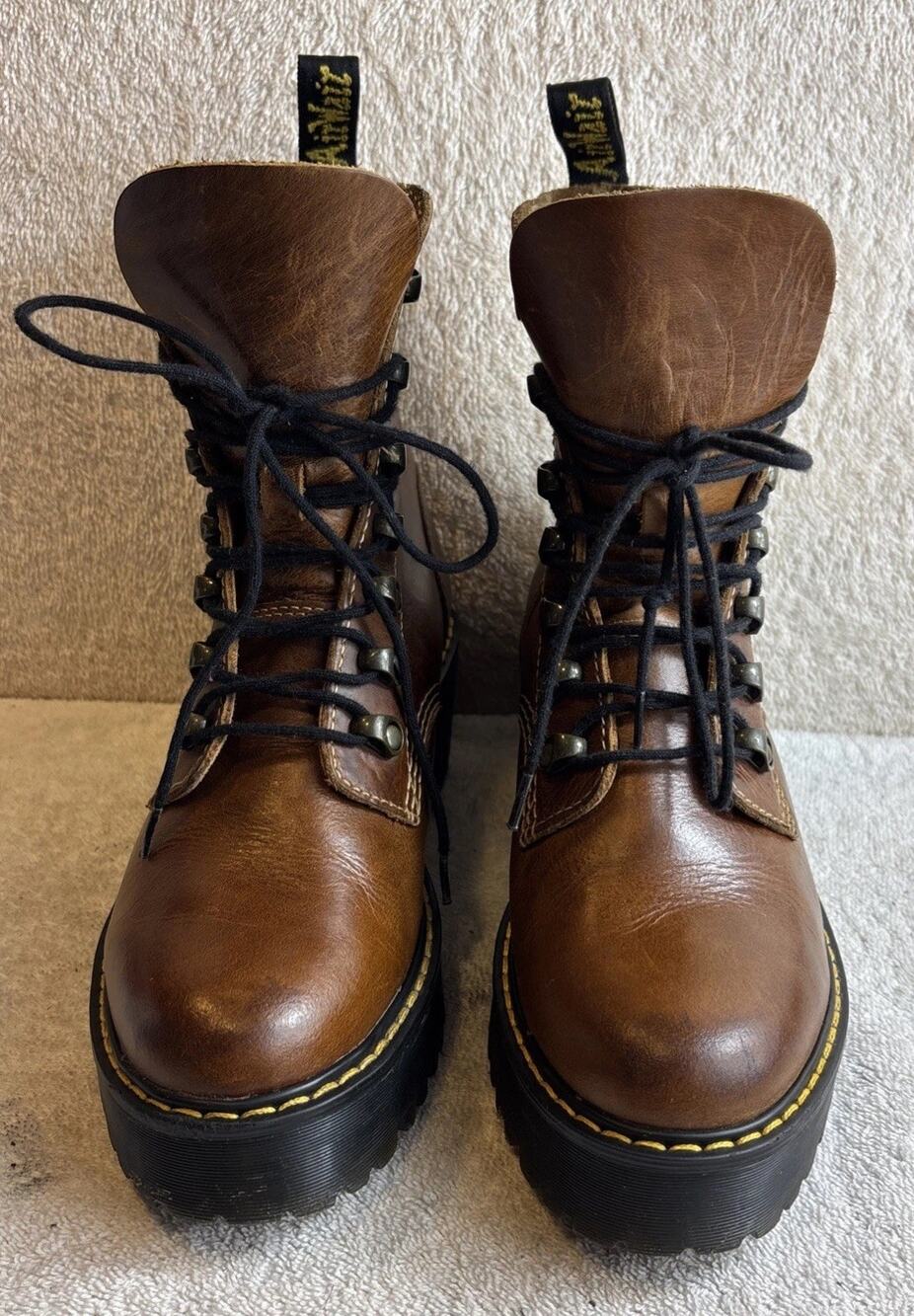 Dr. Martens Leona Orleans Leather Heeled Platform Boots Butterscotch Women Sz 7